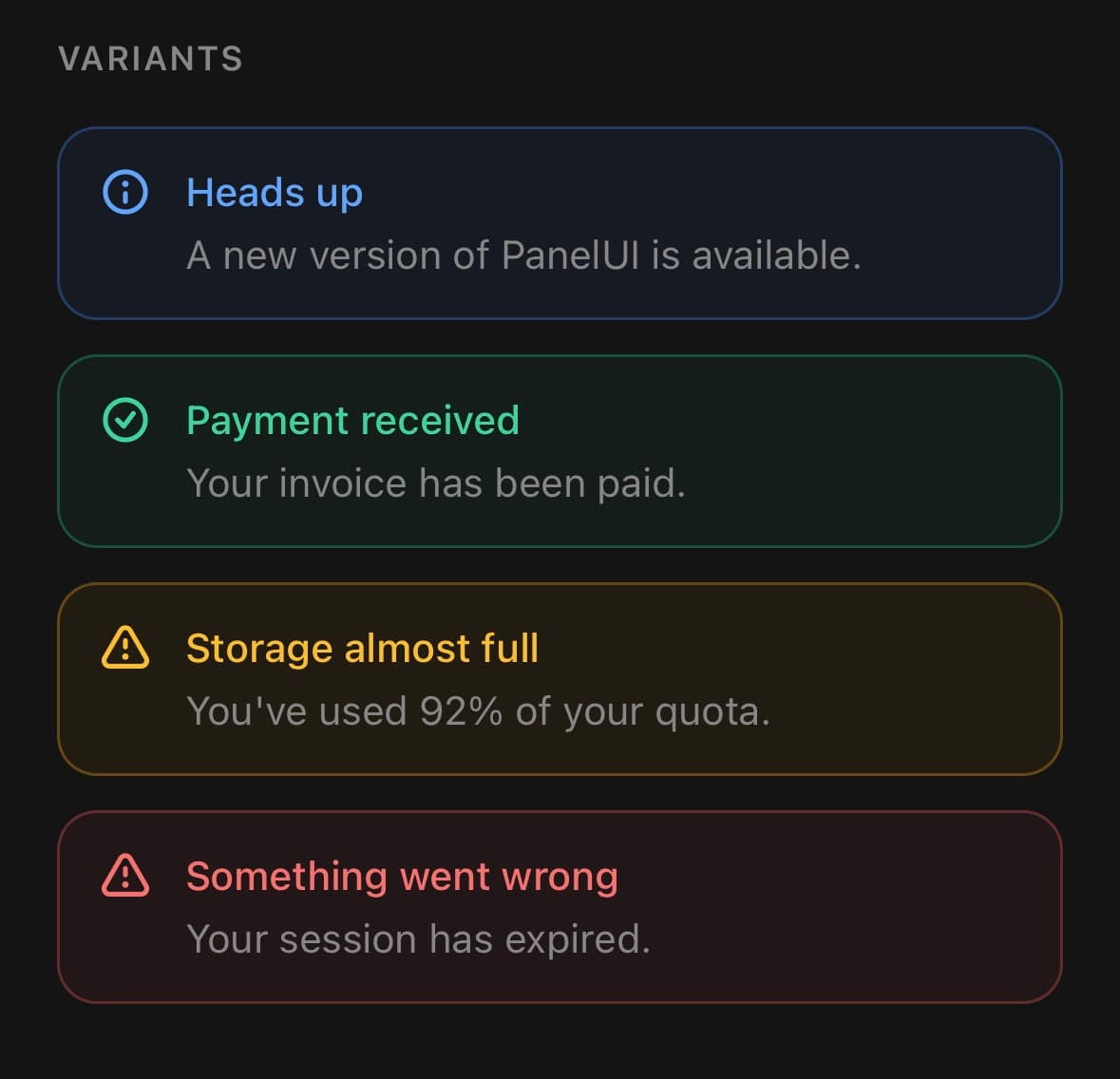 The Alert component, running in the example app.