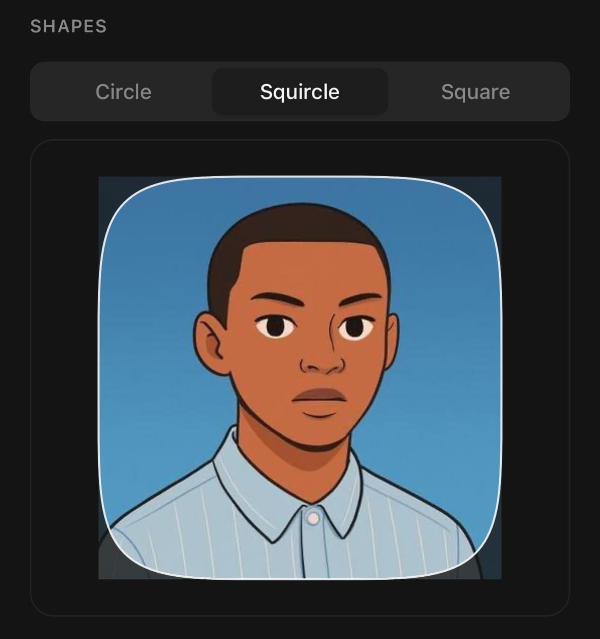 The same portrait under a squircle outline, with Circle, Squircle and Square tabs above it.