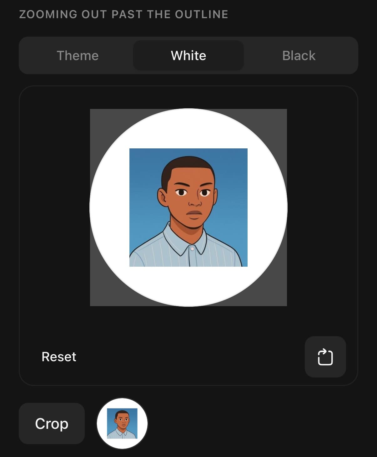 A portrait zoomed out smaller than a circular outline, with white filling the circle around it, and the cropped image beside the Crop button.