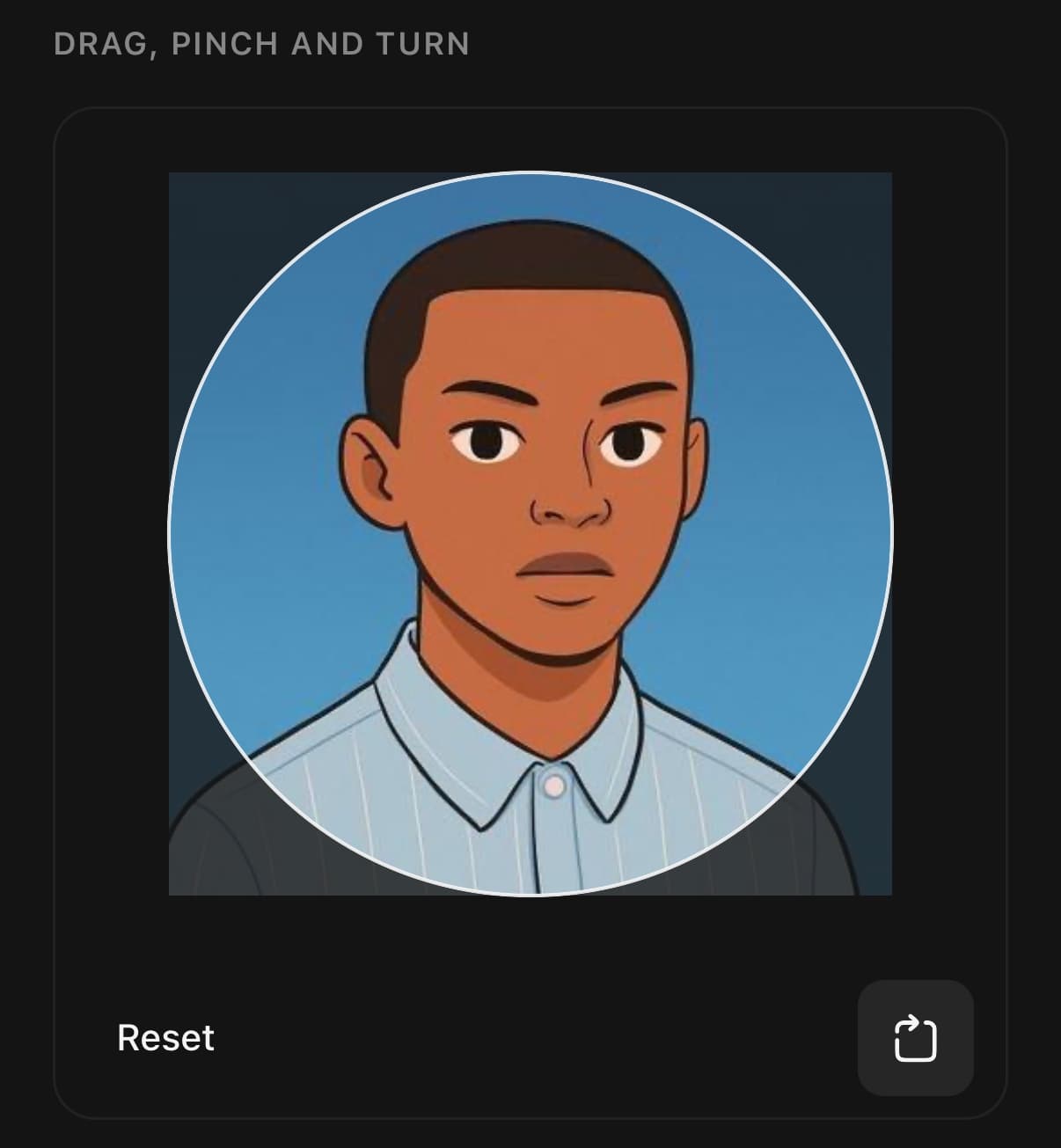 A portrait under a circular outline, with the area outside the circle dimmed, and Reset and Rotate controls underneath.