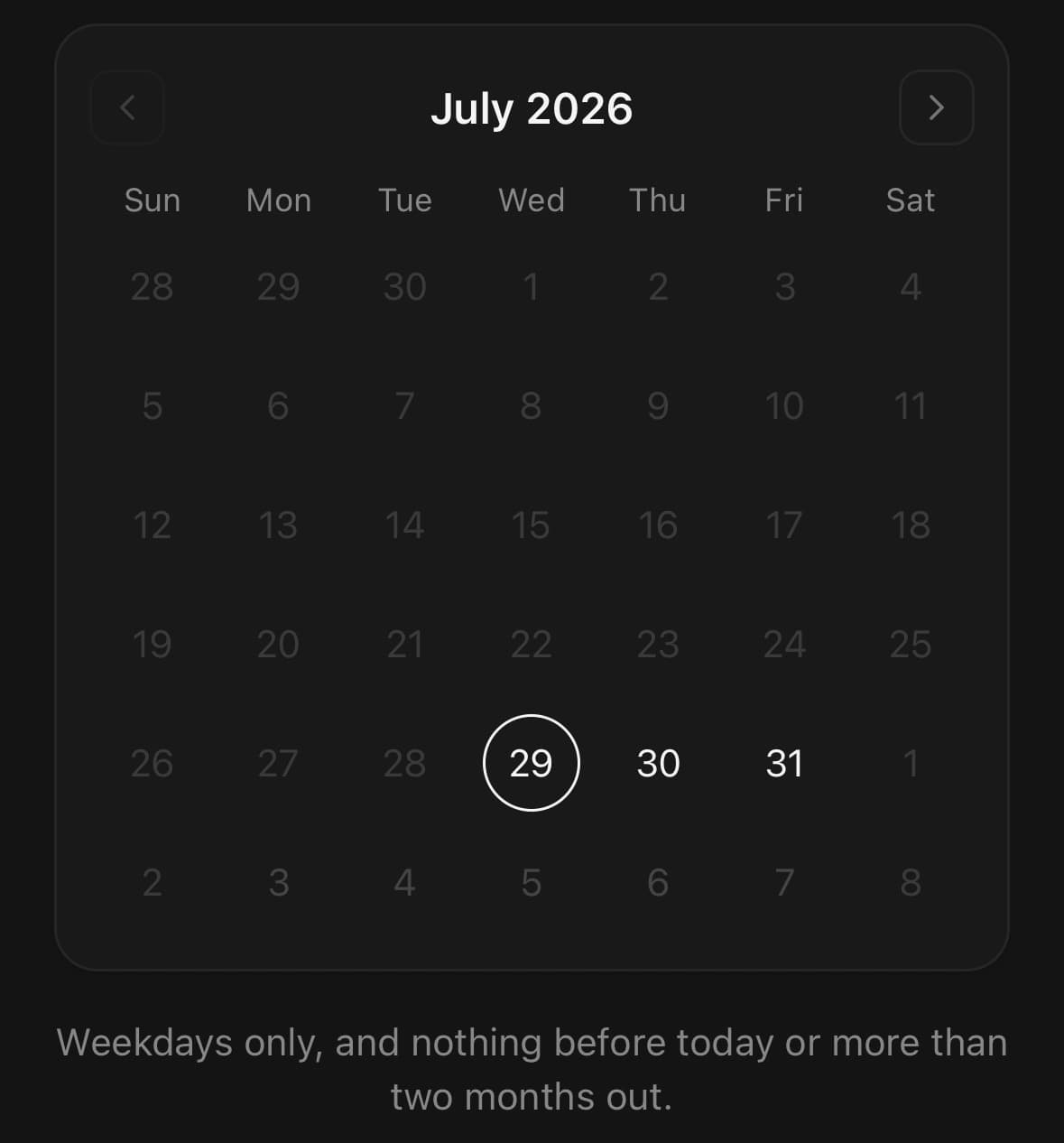 Calendar — Days ruled out.