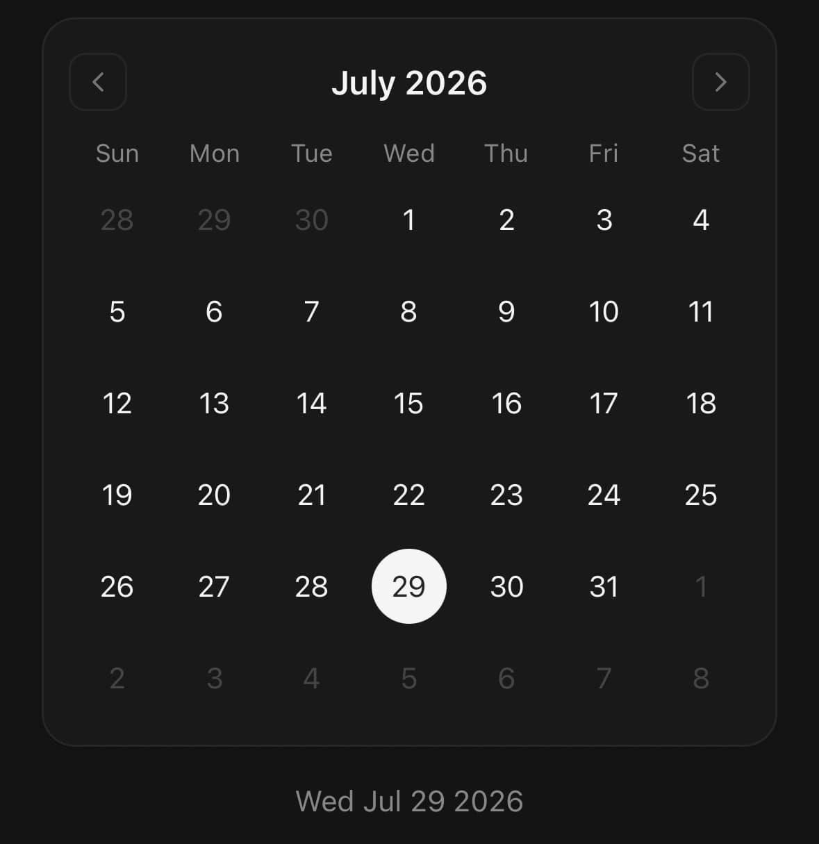 The Calendar component, running in the example app.