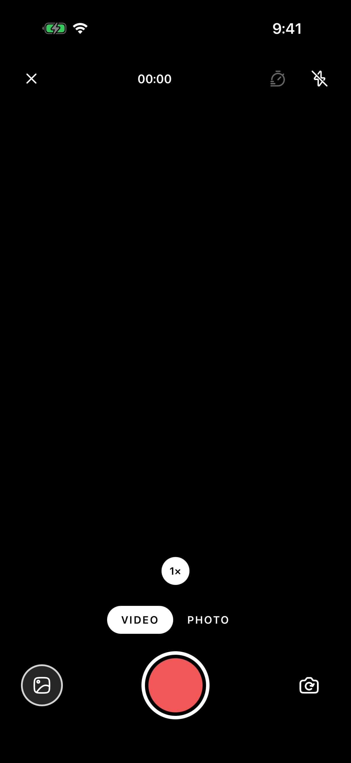 The same camera in video mode: a 00:00 recording clock along the top, Video selected, and a red shutter.