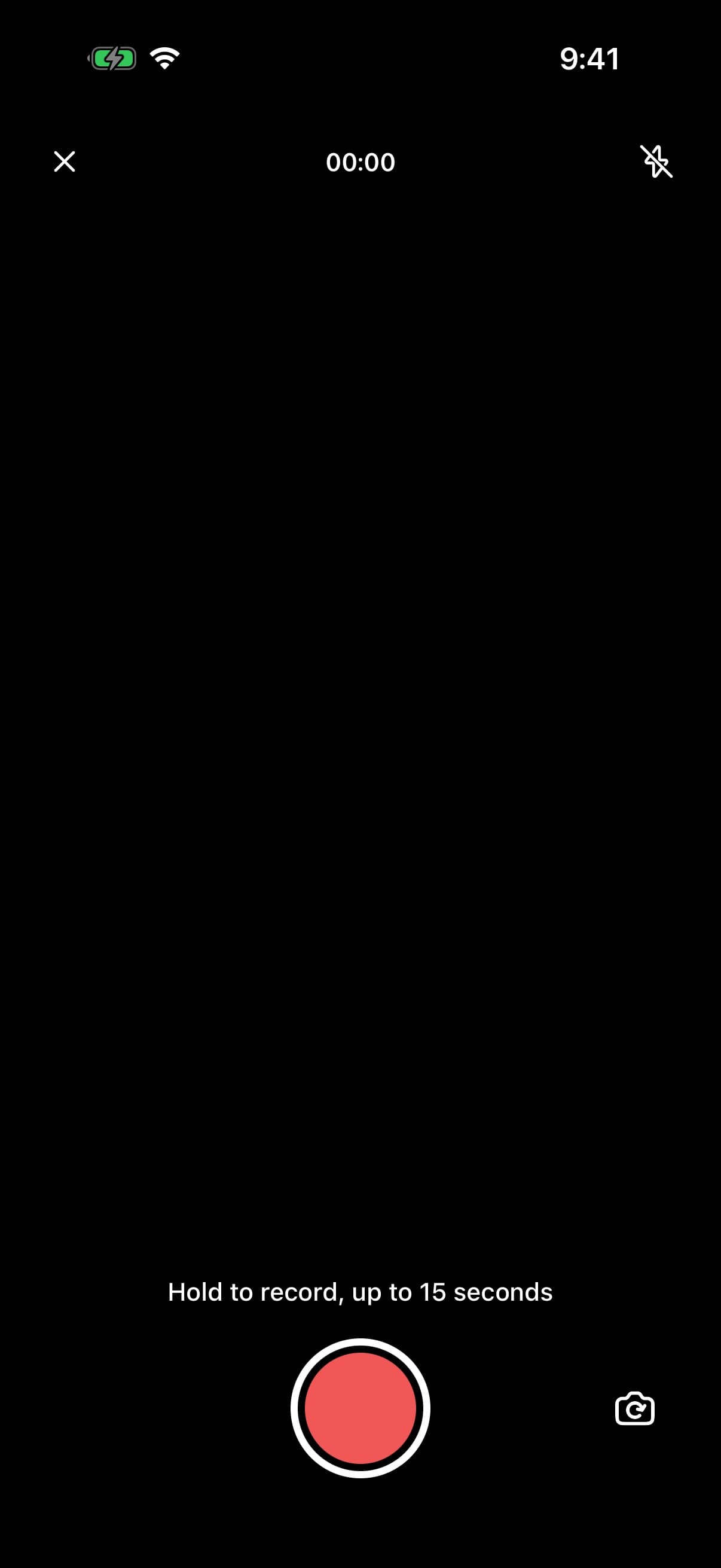 Video only: a close button, a 00:00 clock and the flash along the top, the hint Hold to record, up to 15 seconds, and a red shutter.