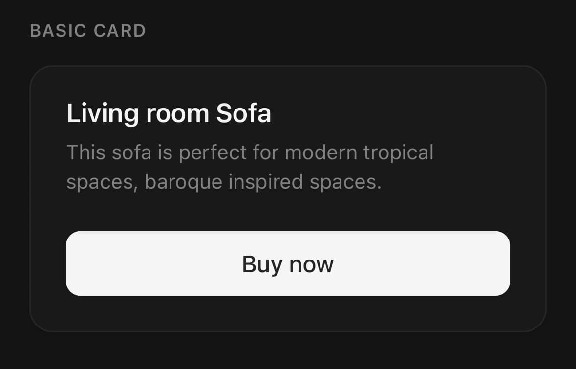 A card on a dark screen titled Living room Sofa, with the description This sofa is perfect for modern tropical spaces, baroque inspired spaces, and a full-width white Buy now button.