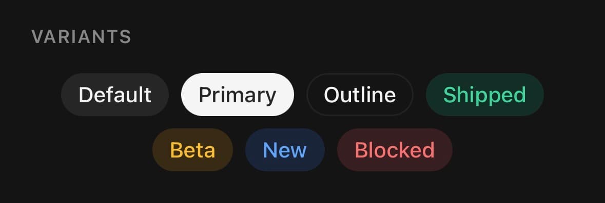Seven chips on a dark screen under a VARIANTS heading — a neutral Default, a filled Primary, an Outline, and the four tone variants labelled Shipped, Beta, New and Blocked.
