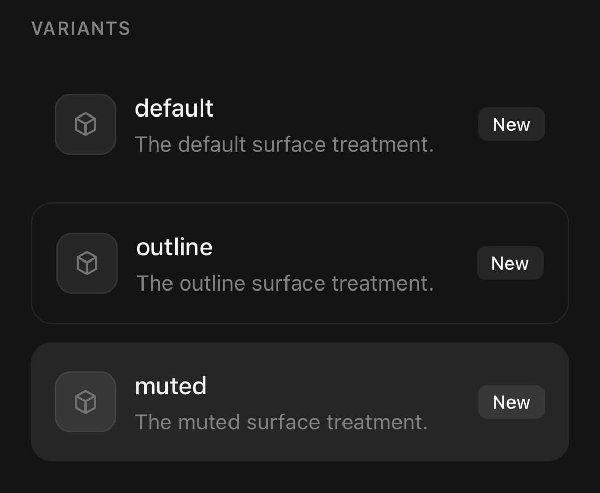 Three Item rows on a dark screen showing the default, outline and muted variants — each with an icon tile, a title, a description and a New badge.