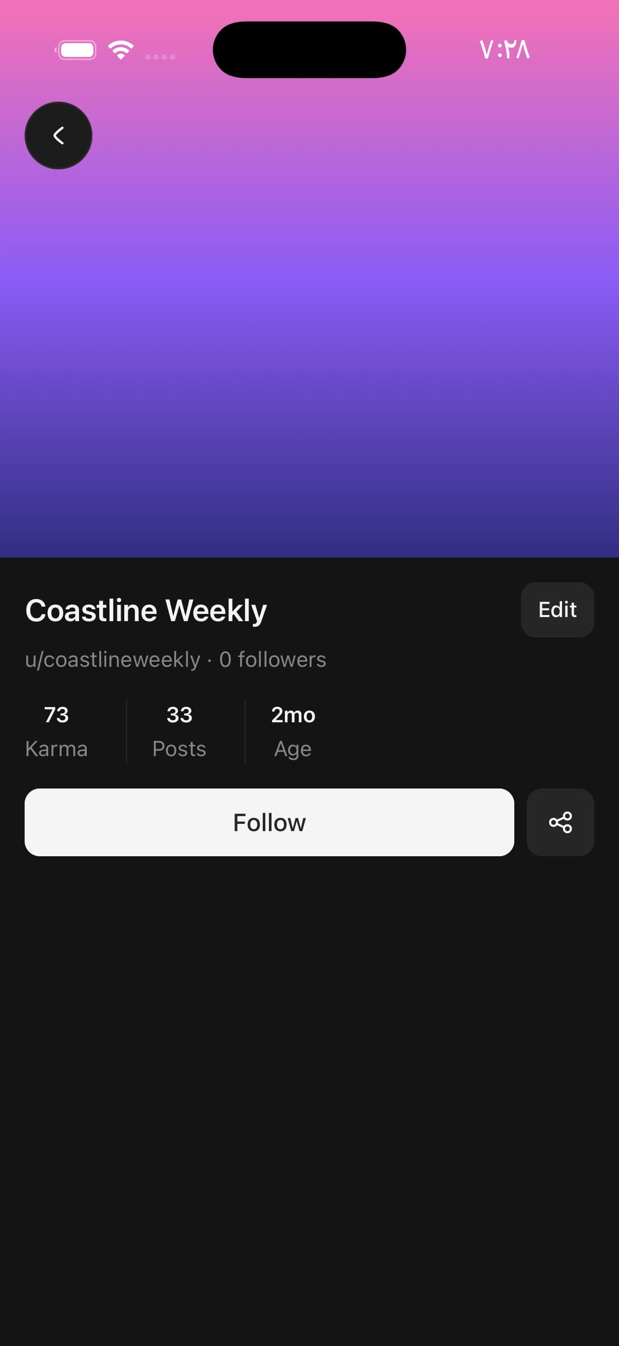 A dark screen with a tall pink-to-indigo gradient filling the top half and no avatar over it, then the title Coastline Weekly with an Edit button opposite, a handle and follower line, three counts ruled apart reading 73 Karma, 33 Posts and 2mo Age, and a full-width Follow button beside a share button.
