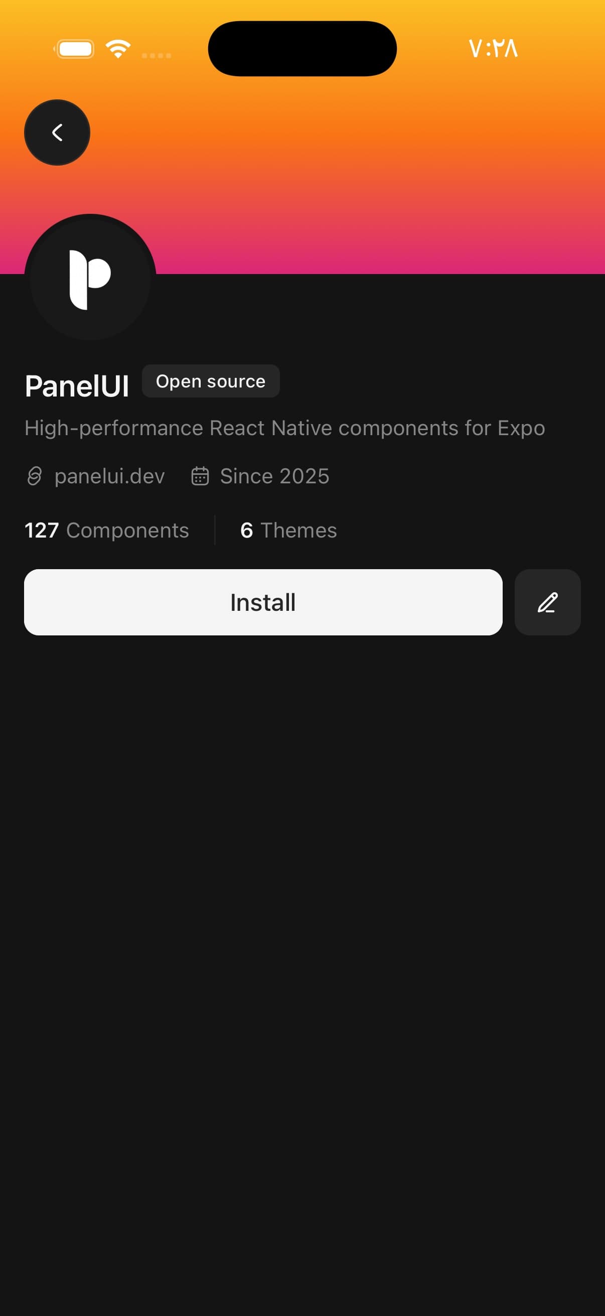 A dark screen with an amber-to-pink gradient banner and the PanelUI mark in a round ring overlapping its bottom edge, then the name PanelUI with an Open source badge beside it, a description, a link and a since date, the counts 127 Components and 6 Themes ruled apart, and a full-width Install button beside an edit button.