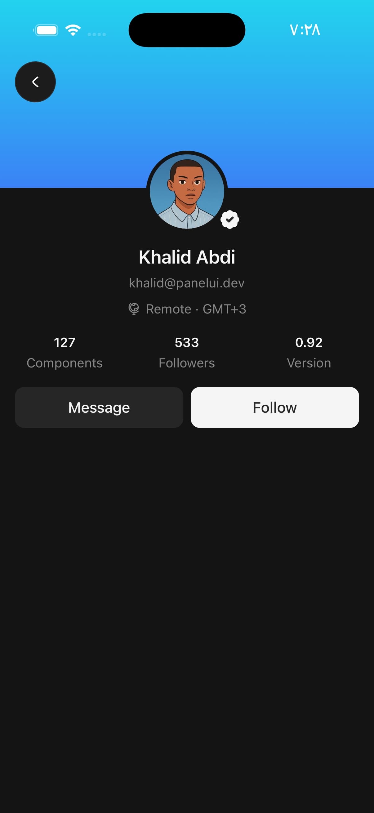 A dark profile screen with a cyan-to-blue gradient banner, a round photograph centred over its bottom edge with a verification rosette, and centred under it the name, an email, a location line, three evenly spaced counts reading 127 Components, 533 Followers and 0.92 Version, and the buttons Message and Follow.