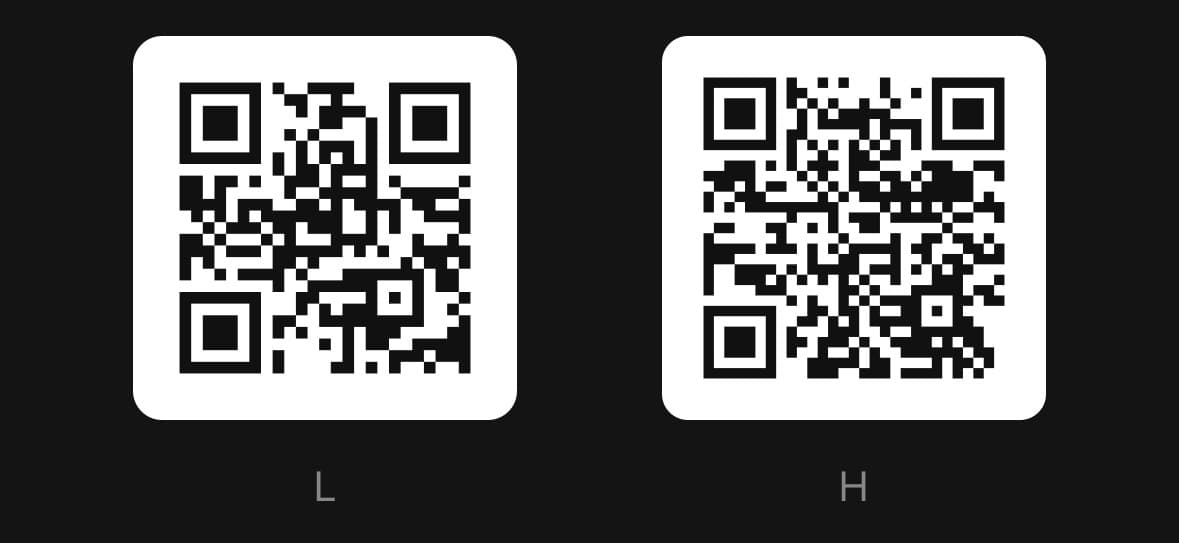 The same code at correction level L and at level H, the second visibly denser.