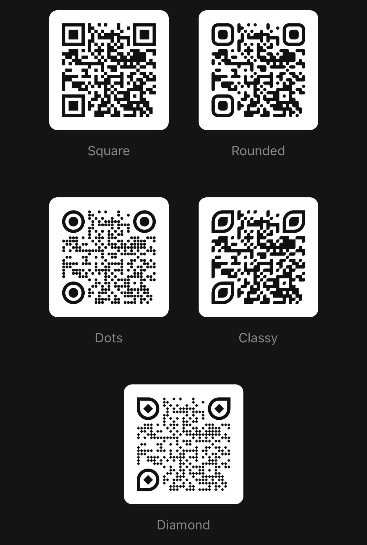 The five module and eye shapes: square, rounded, dots, classy and diamond.