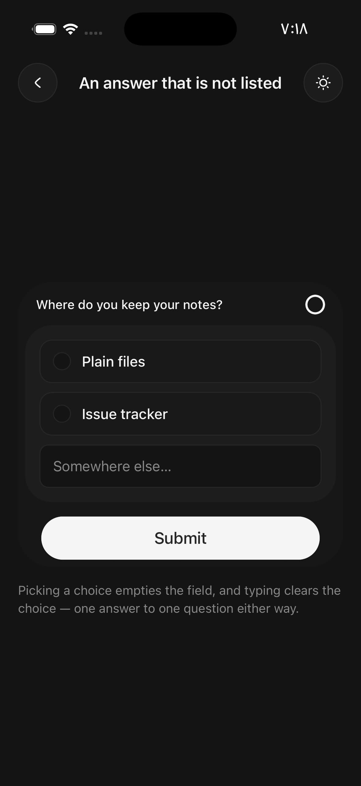 Questionnaire — fixed choices with a text field under them for anything they do not offer.