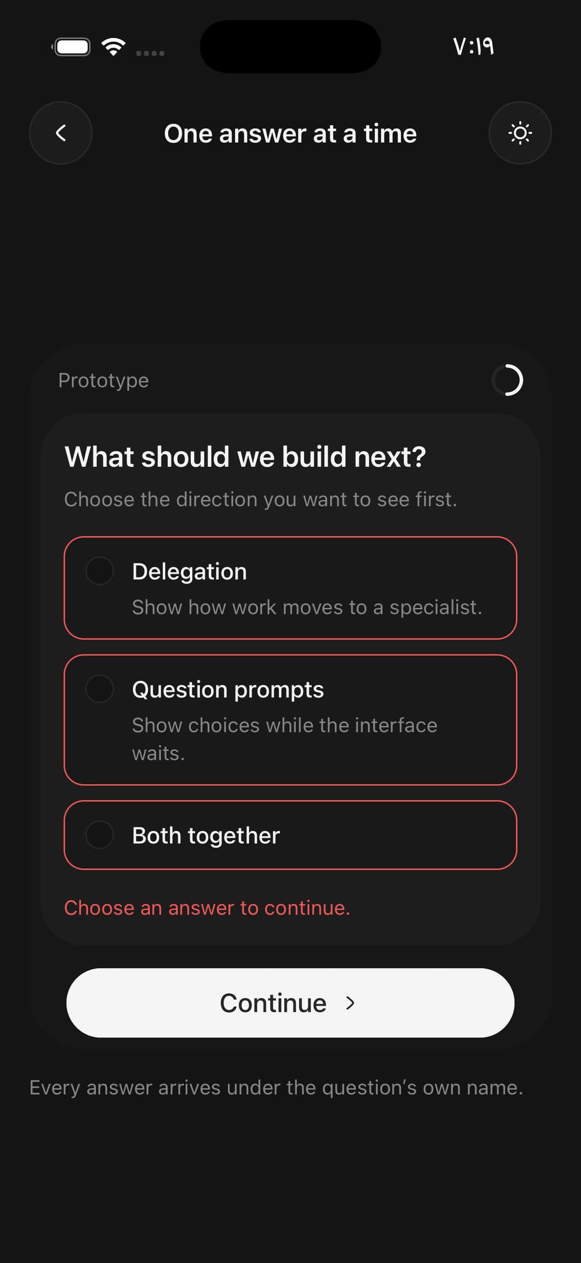 Questionnaire — a question marked invalid: every choice outlined and the error under them.