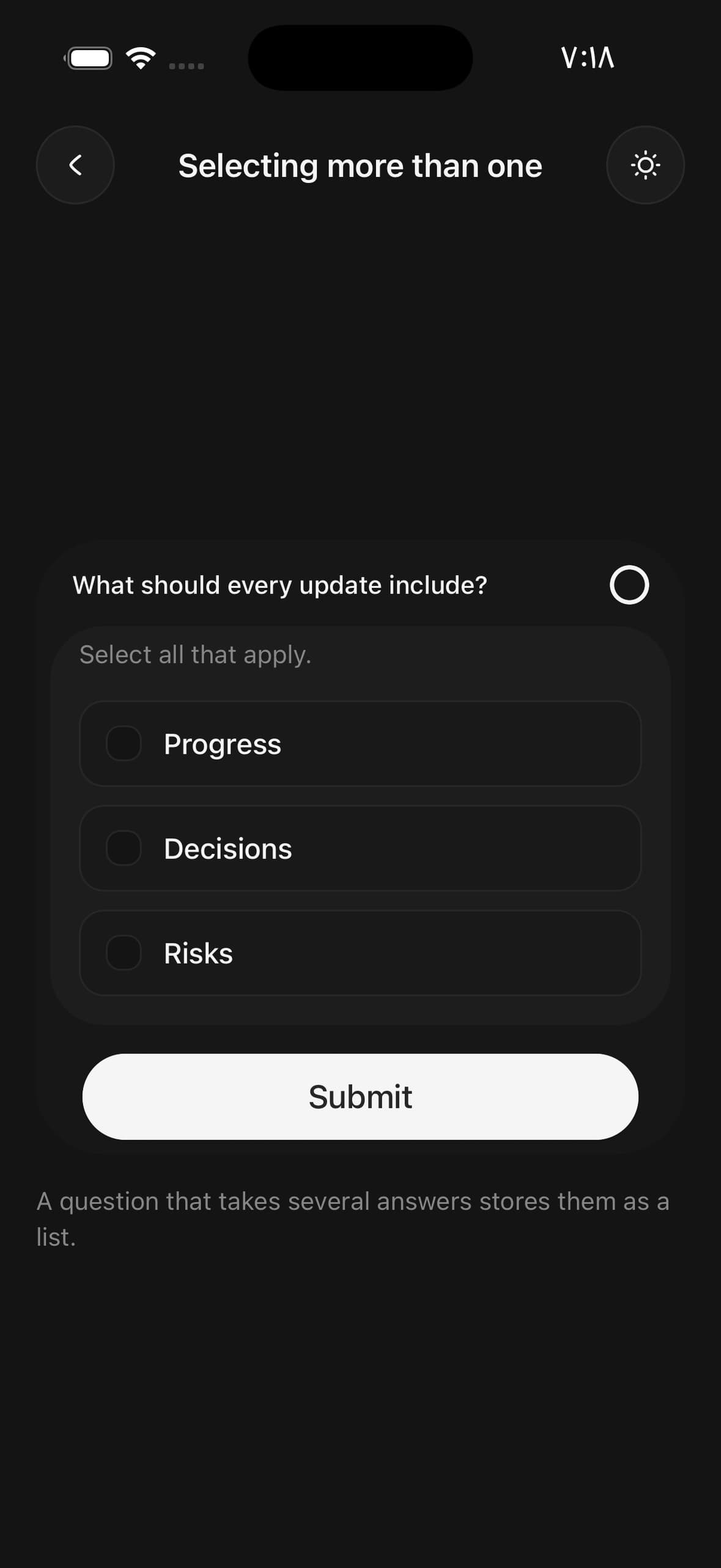 Questionnaire — a multiple-answer question, its choices drawn as squares.