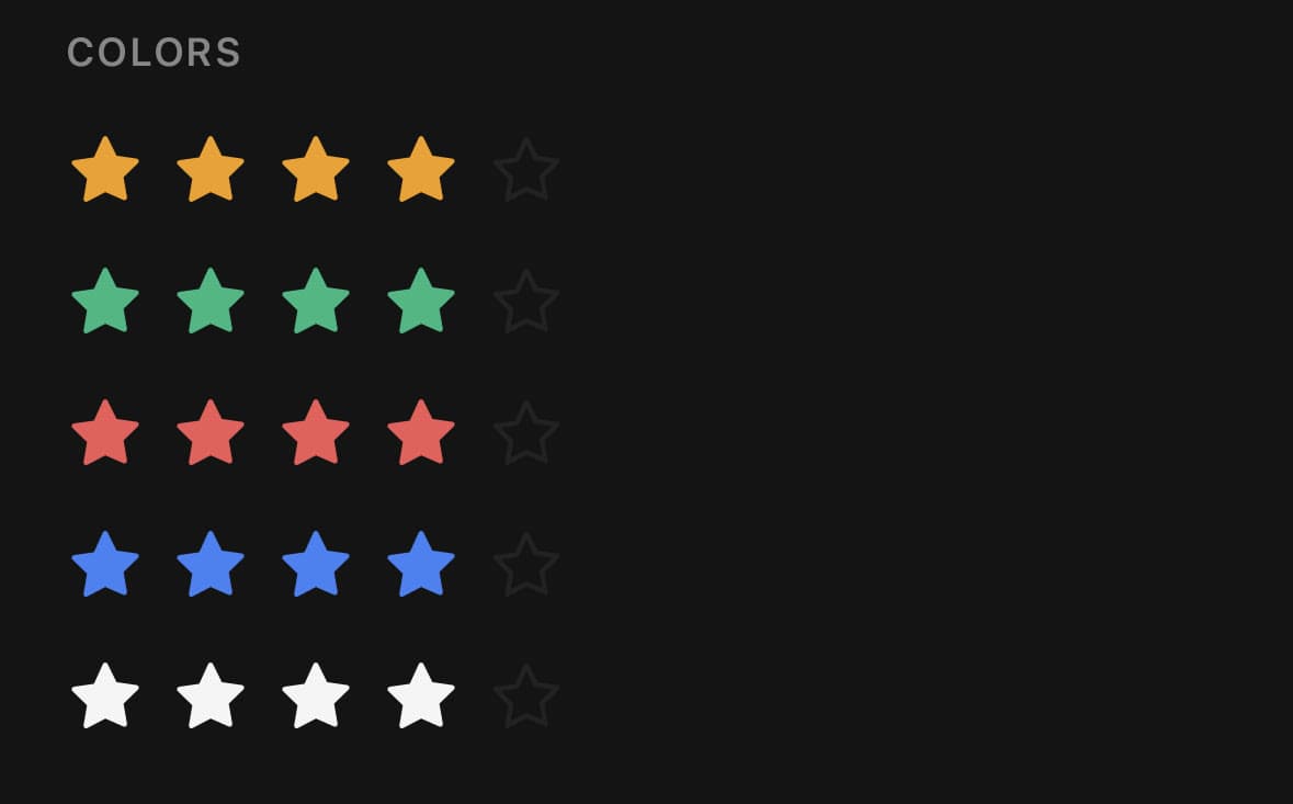 Five rows of four filled stars, one per colour: amber, green, red, blue and white, each against an empty fifth star.