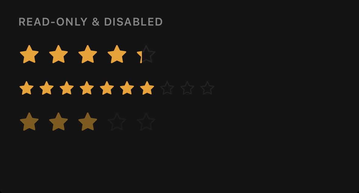 Three rows of amber stars: a read-only row showing four and a fraction out of five, a small ten-star row showing seven, and a dimmed disabled row showing three.