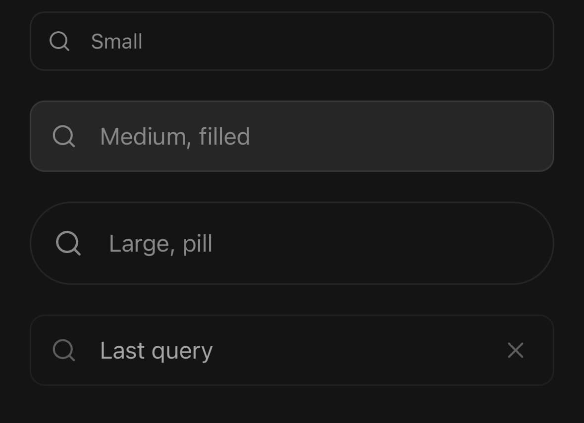 SearchBar — Sizes and shapes.