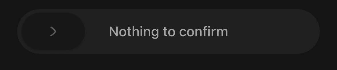 A single slide button on a dark screen, dimmed. The rail, the handle at its left end and the label “Nothing to confirm” are all faded, so the control reads as present but unavailable.