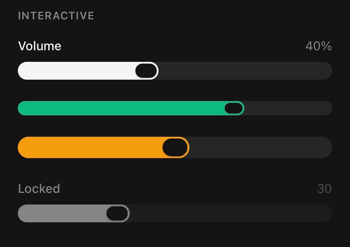 Four sliders on a dark screen. The first is labelled Volume with 40% on the right, its light fill ending in a pill-shaped thumb with a dark knob inside it; below are a green slider at about two thirds and an orange one at about half; the last is dimmed and labelled Locked, 30.